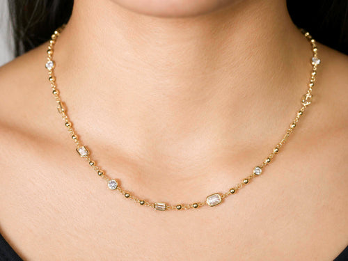 Old Mine and Emerald Cut Diamond Necklace