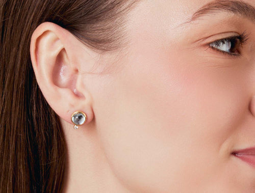 Blue Topaz Cabochon and Diamond Stud Earrings