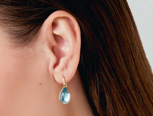 Blue Topaz Cabochon and Diamond Tear Drop Earrings