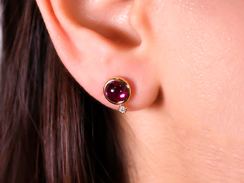Rhodolite Garnet Cabochon and Diamond Stud Earrings