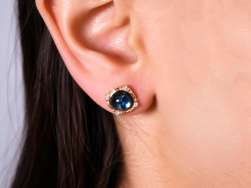 Blue Topaz Cabochon and Diamond Stud Earrings