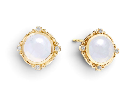 Moon Quartz Cabochon and Diamond Stud Earrings