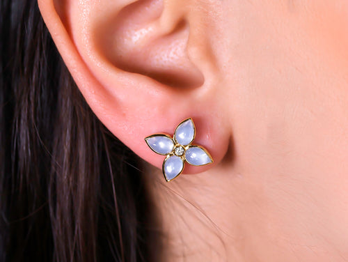 Moon Quartz Cabochon and Diamond "Clover" Earrings
