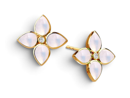 Moon Quartz Cabochon and Diamond "Clover" Earrings
