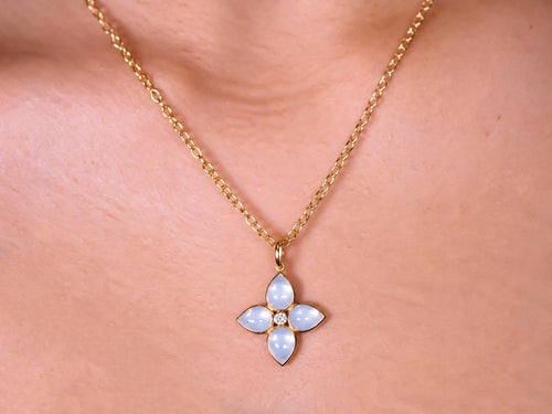 Moon Quartz Cabochon and Diamond "Clover" Necklace