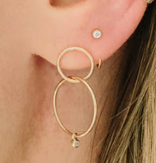 Dangling Diamond Double Hoop Earrings in 14K Yellow Gold