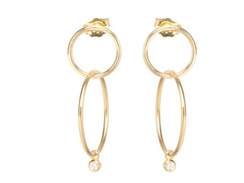 Dangling Diamond Double Hoop Earrings in 14K Yellow Gold