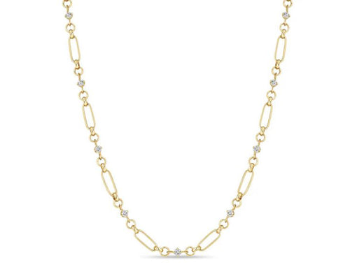 Prong Diamond and Paperclip Rolo Chain Necklace