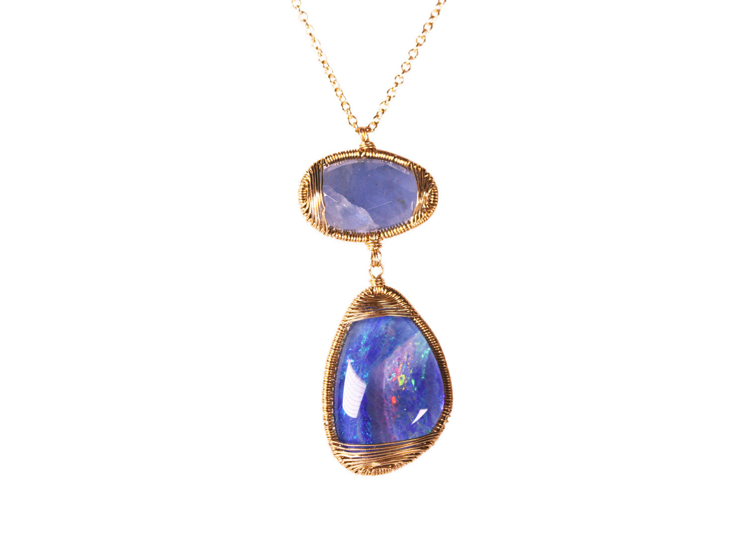Gold-Framed Aquamarine and Opal Necklace