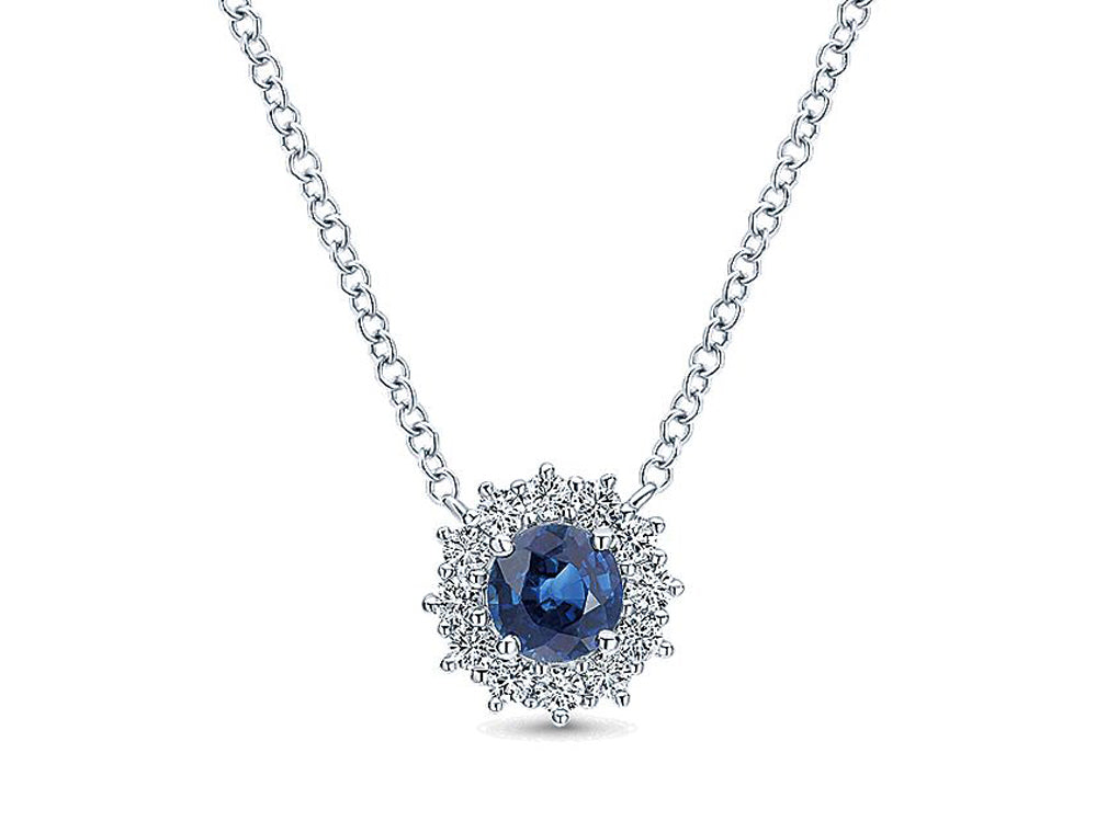 Sapphire and Diamond Starburst Necklace in White Gold – www