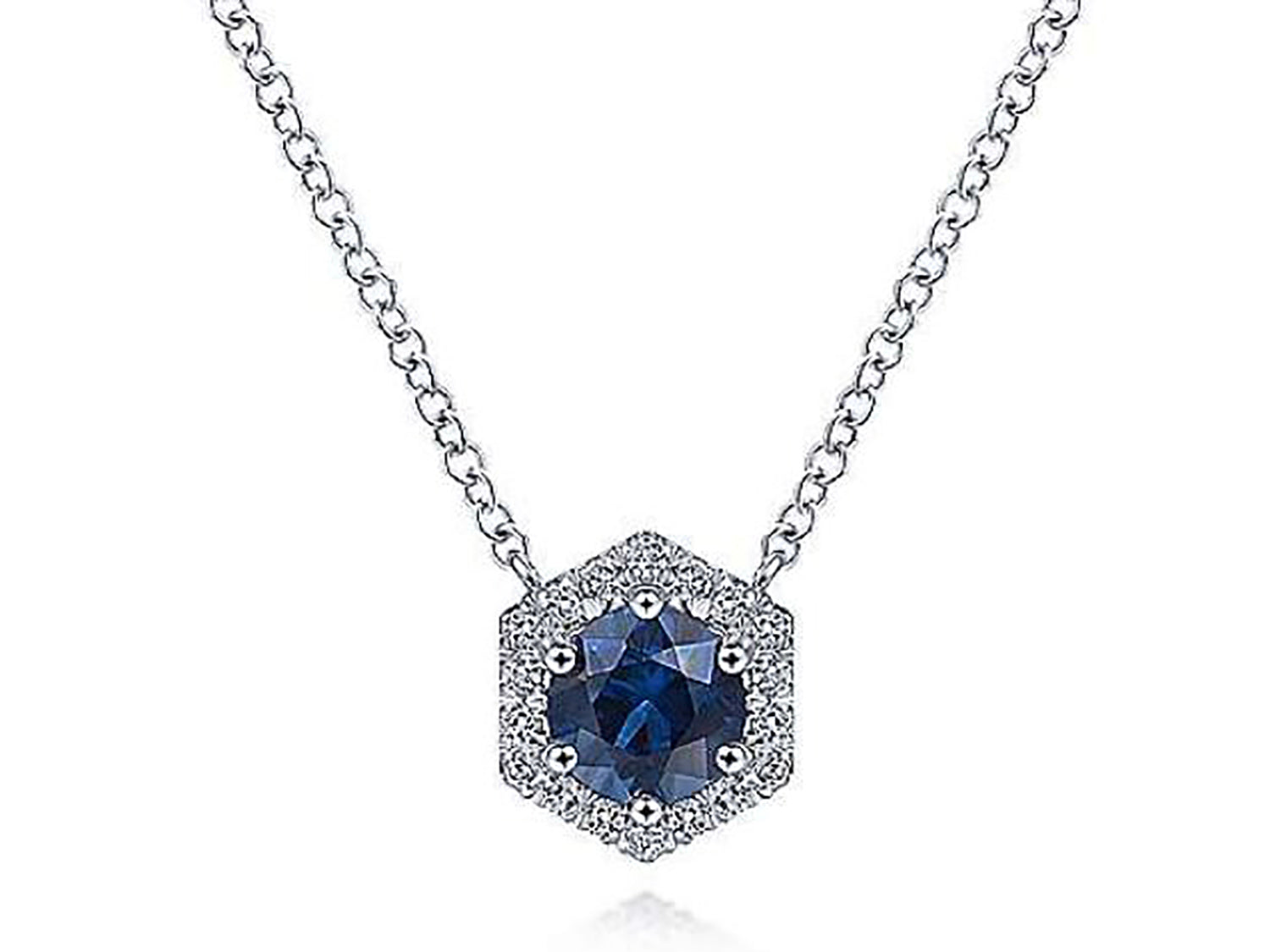 Sapphire and Halo Diamond Necklace in White Gold