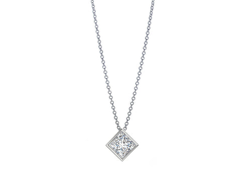 Princess Diamond Halo Necklace in White Gold