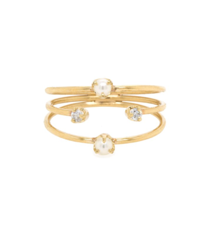 Three-Band Diamond and Freshwater Pearl Ring in 14K Yellow Gold
