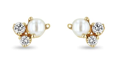 Freshwater Pearl and Diamond Cluster Stud Earrings in 14K Yellow Gold
