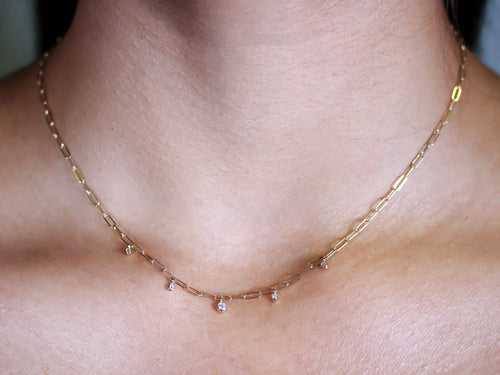 Dangling Bezel Diamonds with Paperclip Chain Necklace